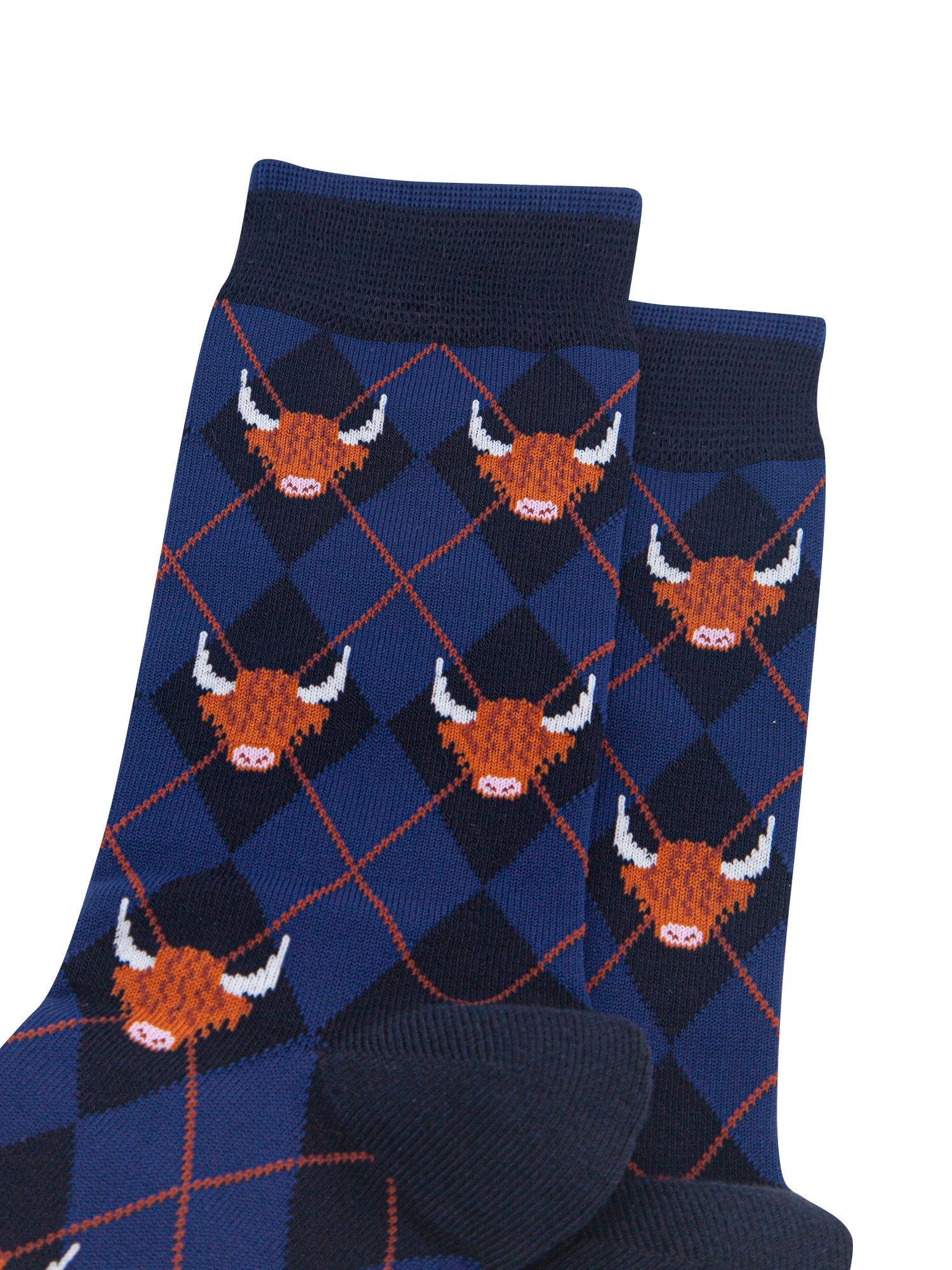 Highland-Cow-Argyle-Men's-Bamboo-Socks-in-Navy-Blue-Close-Up