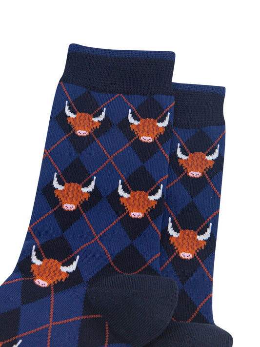 Highland-Cow-Argyle-Men's-Bamboo-Socks-in-Navy-Blue-Close-Up