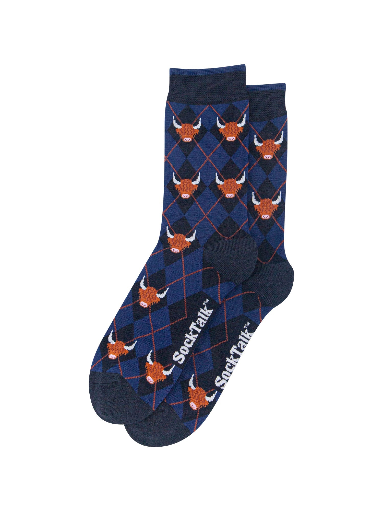 Highland-Cow-Argyle-Men's-Bamboo-Socks-in-Navy-Blue-Laid-Flat