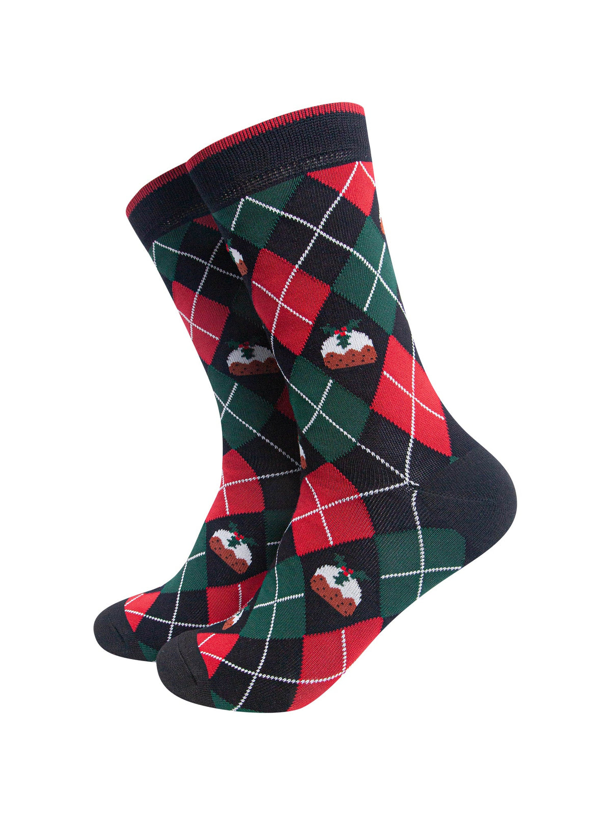 Christmas-Pudding-Argyle-Men's-Bamboo-Socks-in-Black/Green/Red-On-Mannequin