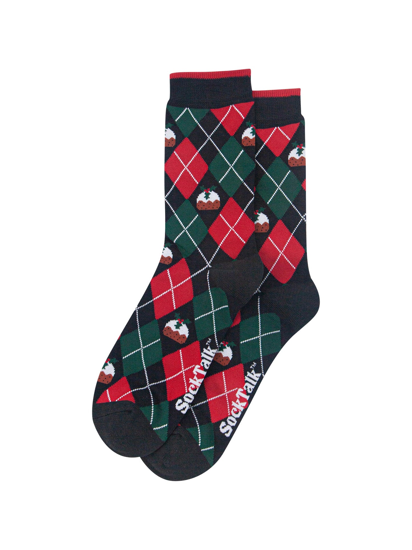 Christmas-Pudding-Argyle-Men's-Bamboo-Socks-in-Black/Green/Red-Laid-Flat