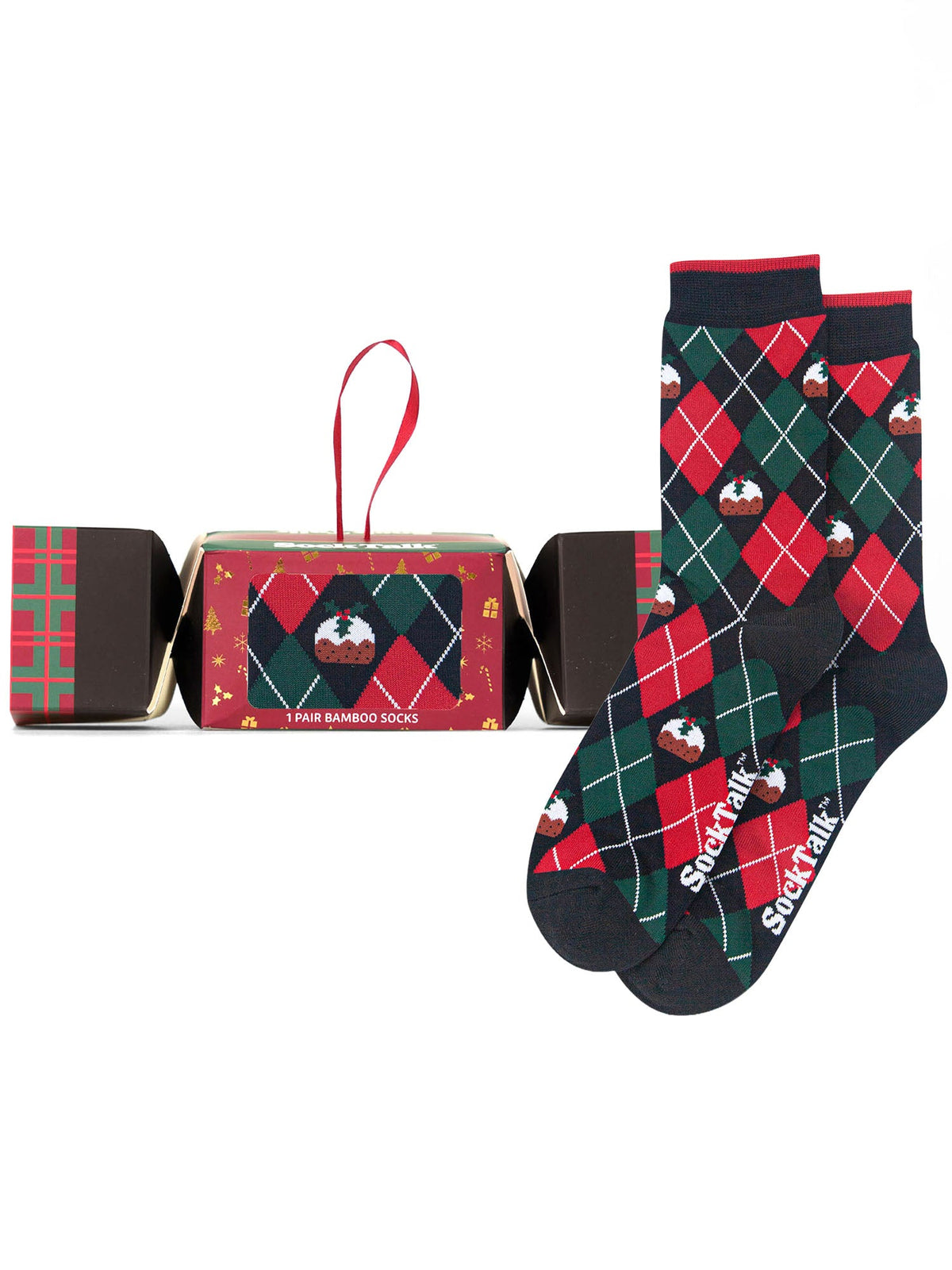 Argyle-Christmas-Pudding-Bamboo-Crew-Socks-Christmas-Cracker-Gift-Box-in-Black