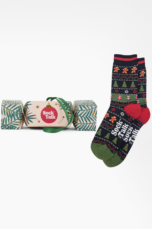 Men's Bamboo Crew Socks Christmas Cracker Gift Box - Black/Khaki, Gingerbread Fair Isle