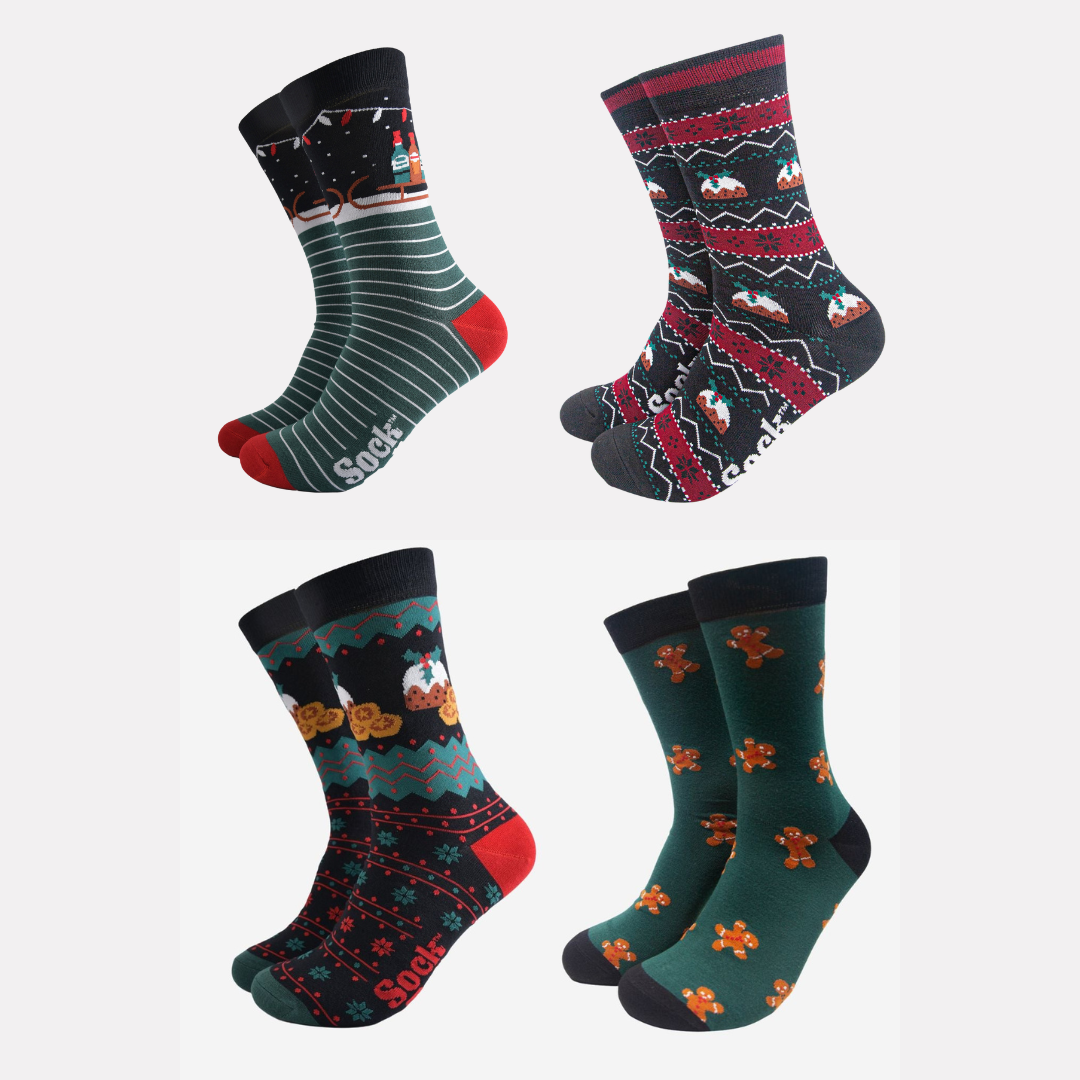 Men's Bamboo Crew Socks Festive Gift Set - Black/Red, Classic Christmas