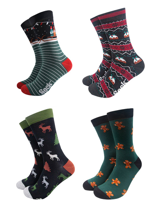 Men's Bamboo Crew Socks Festive Gift Set - Black/Red, Classic Christmas