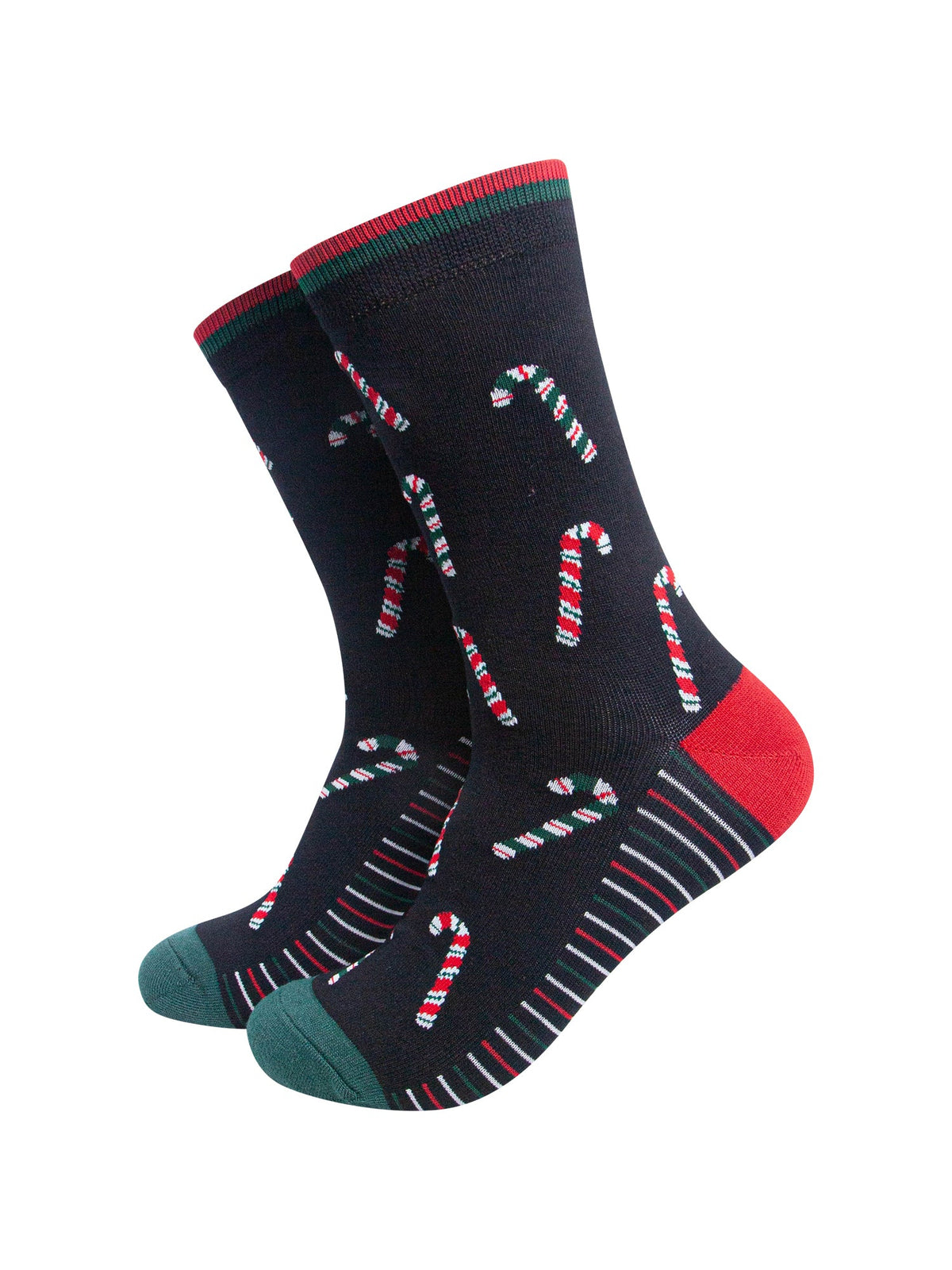 Candy-Cane-Men's-Bamboo-Socks-in-Black-On-Mannequin