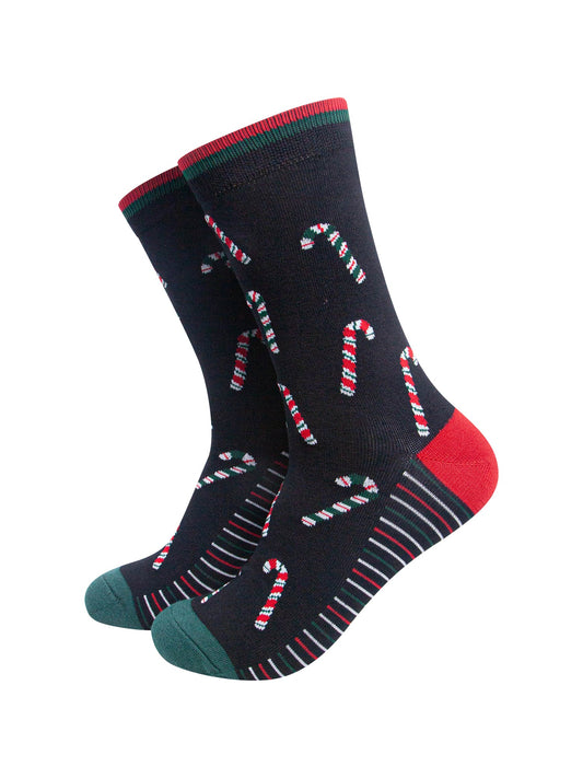 Candy-Cane-Men's-Bamboo-Socks-in-Black-On-Mannequin