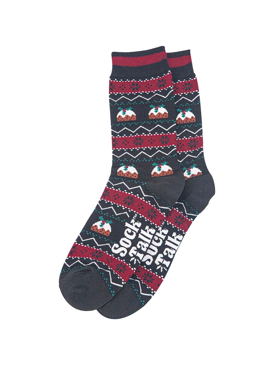 mens-bamboo-socks-black-christmas-pudding-fair-isle-laying-flat
