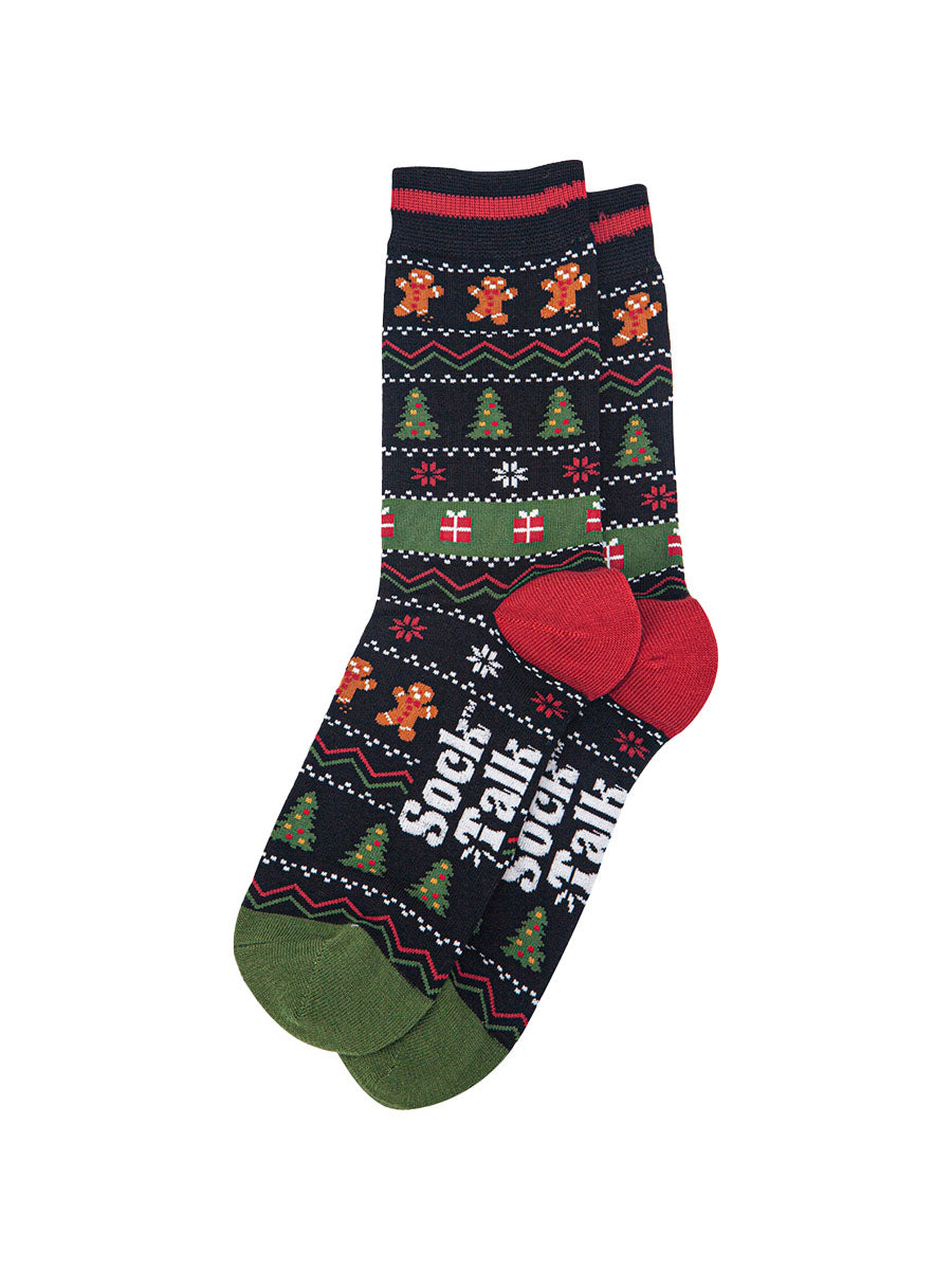 mens-bamboo-socks-black-khaki-gingerbread-fair-isle-laying-flat