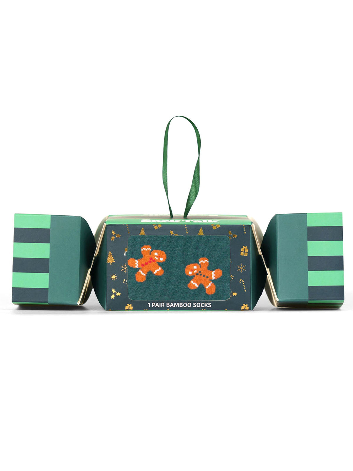 Gingerbread-Men-Cookie-Bamboo-Crew-Socks-Christmas-Cracker-Gift-Box-in-Green
