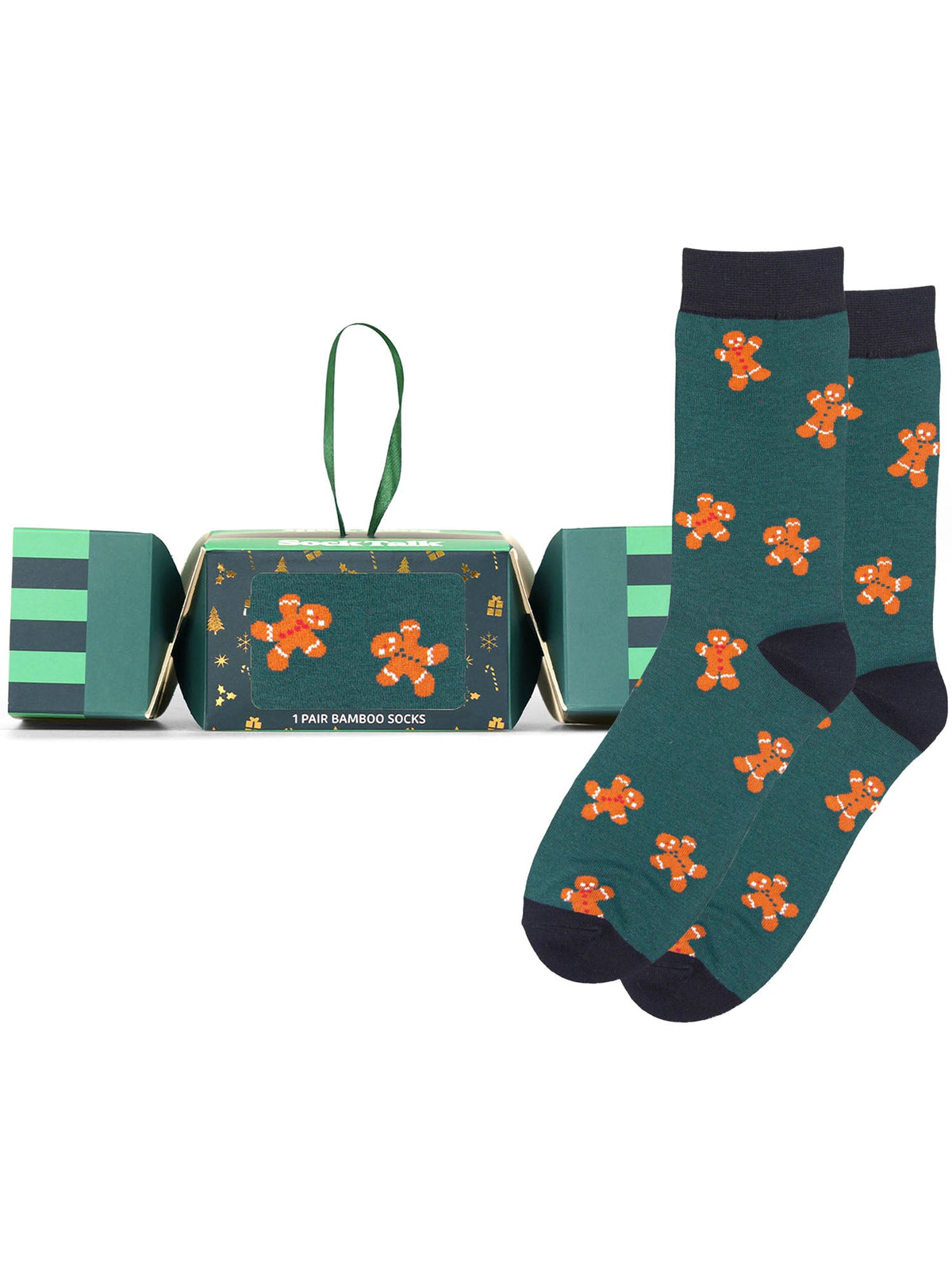 Gingerbread-Men-Cookie-Bamboo-Crew-Socks-Christmas-Cracker-Gift-Box-in-Green