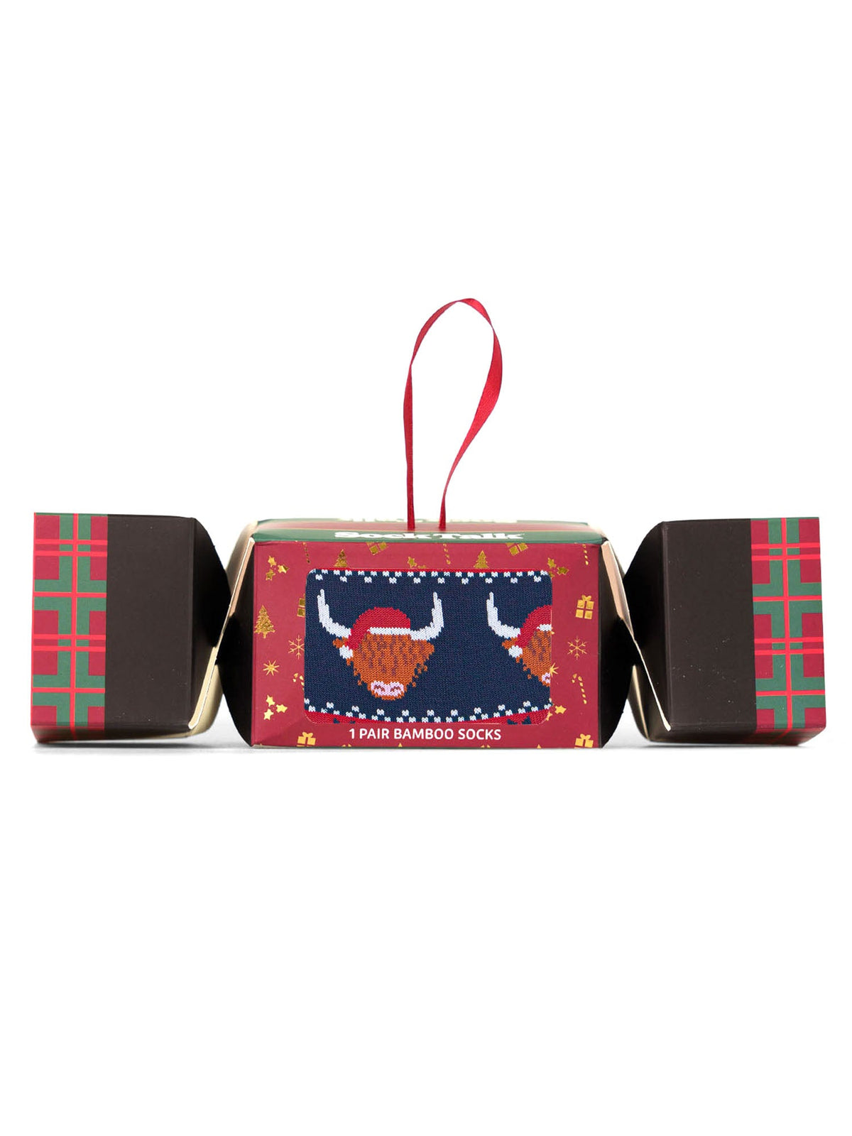 Highland-Cow-Fair-Isle-Bamboo-Crew-Socks-Christmas-Cracker-Gift-Box-in-Navy Blue/Red