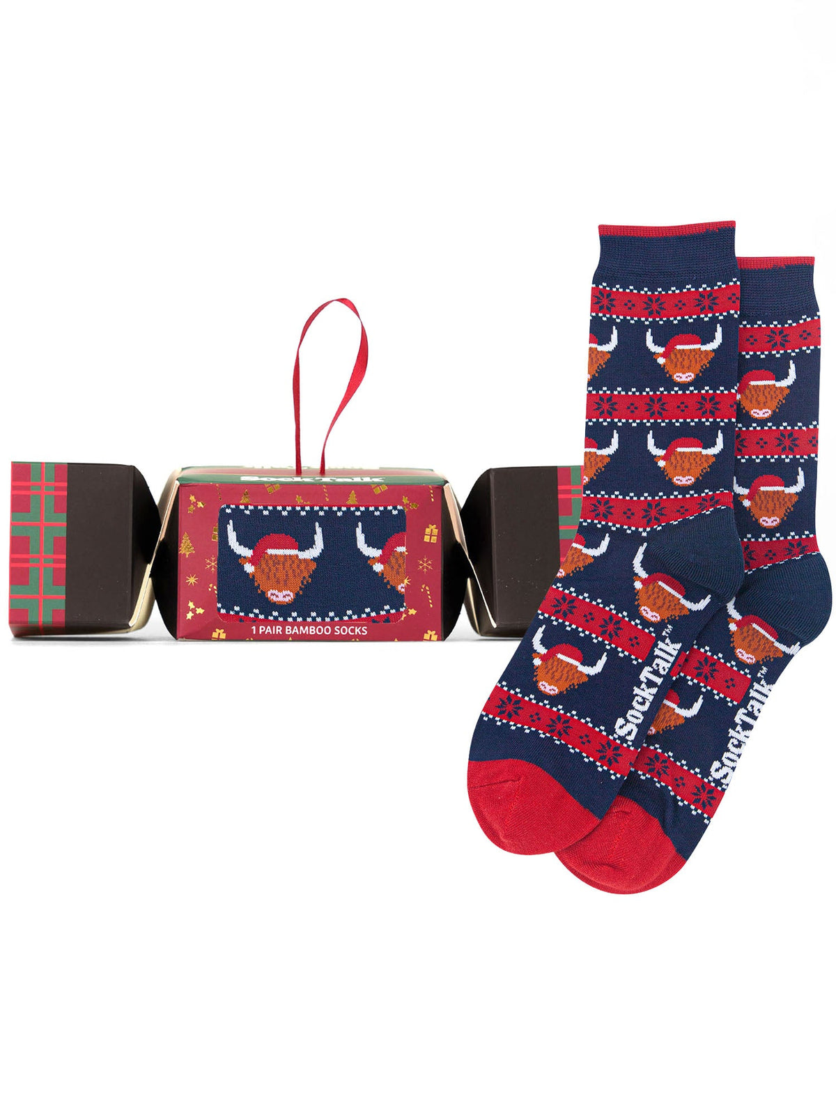 Highland-Cow-Fair-Isle-Bamboo-Crew-Socks-Christmas-Cracker-Gift-Box-in-Navy Blue/Red