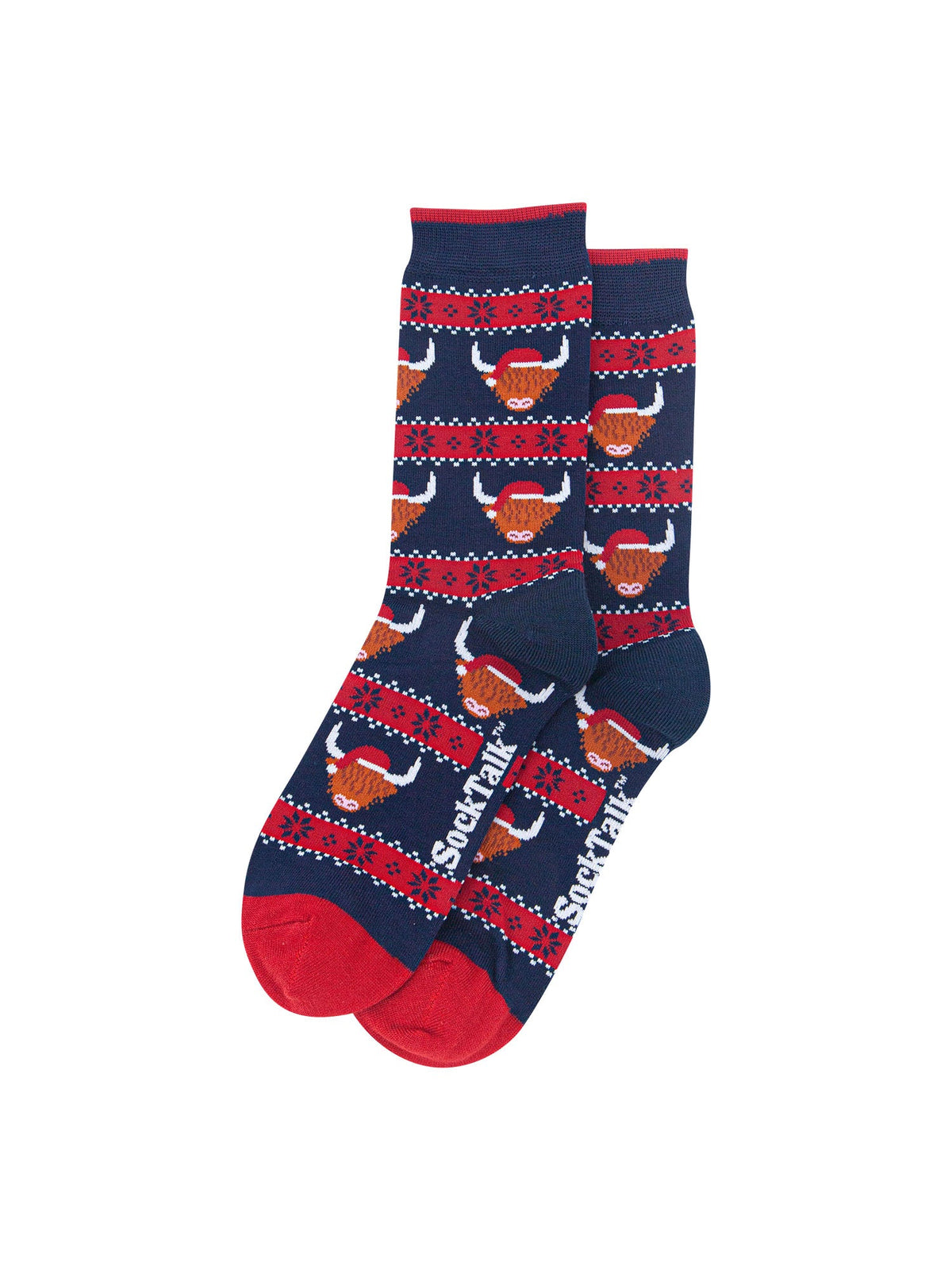 Highland-Cow-Fair-Isle-Bamboo-Crew-Socks-Christmas-Cracker-Gift-Box-in-Navy Blue/Red