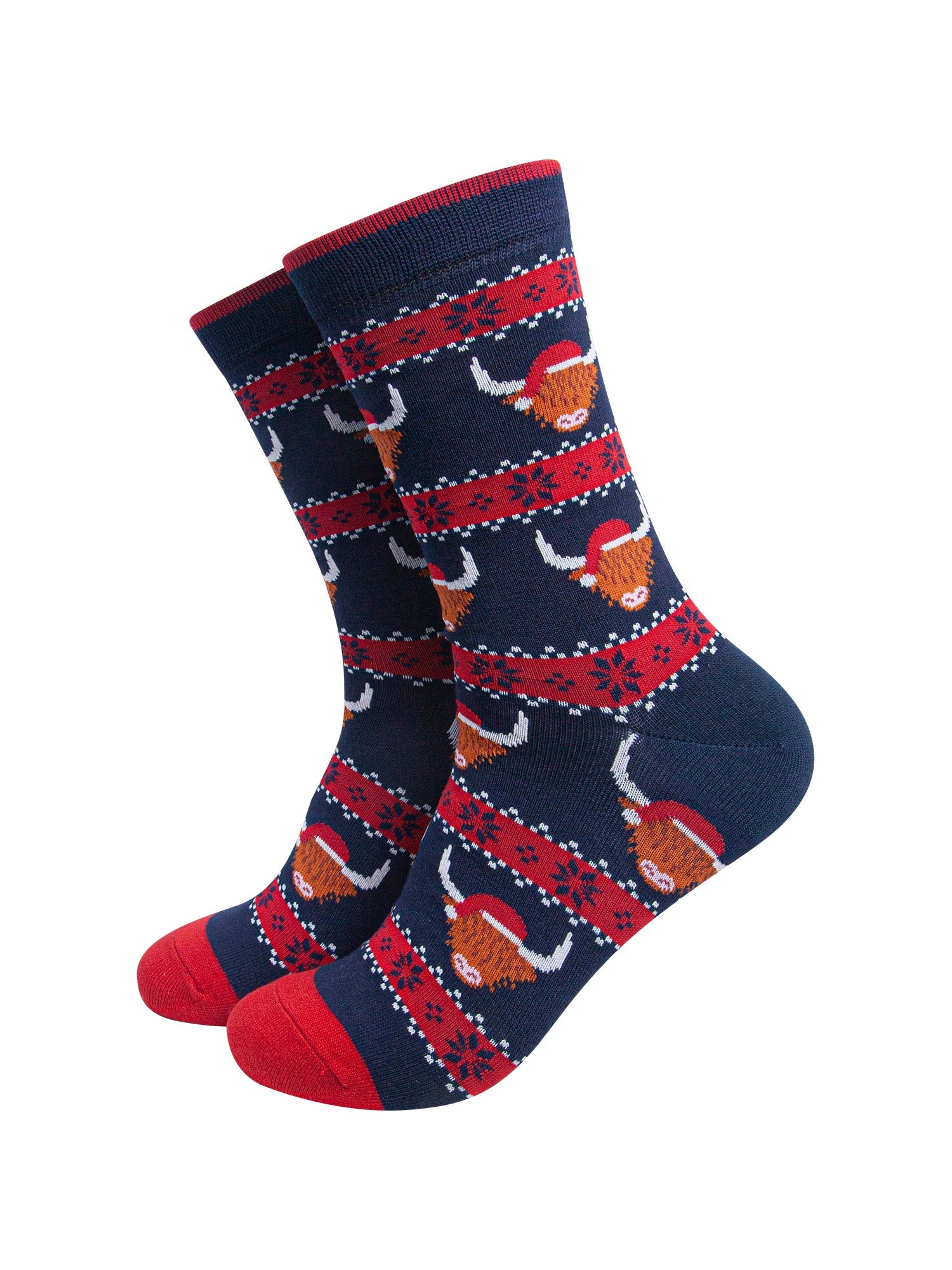 Santa-Highland-Cow-Fair-Isle-Men's-Bamboo-Socks-in-Navy-Blue/Red-On-Mannequin
