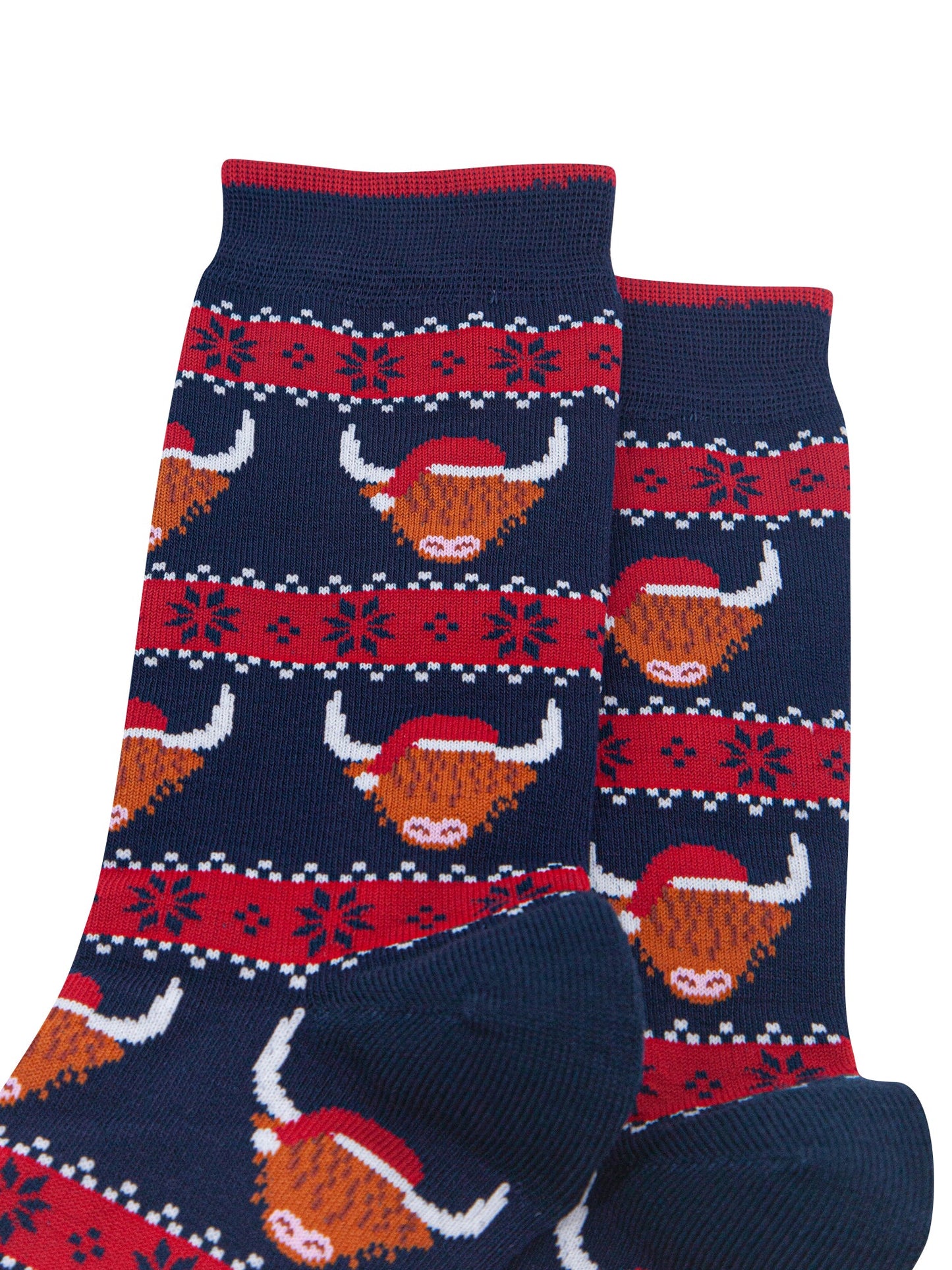 Santa-Highland-Cow-Fair-Isle-Men's-Bamboo-Socks-in-Navy-Blue/Red-Close-Up
