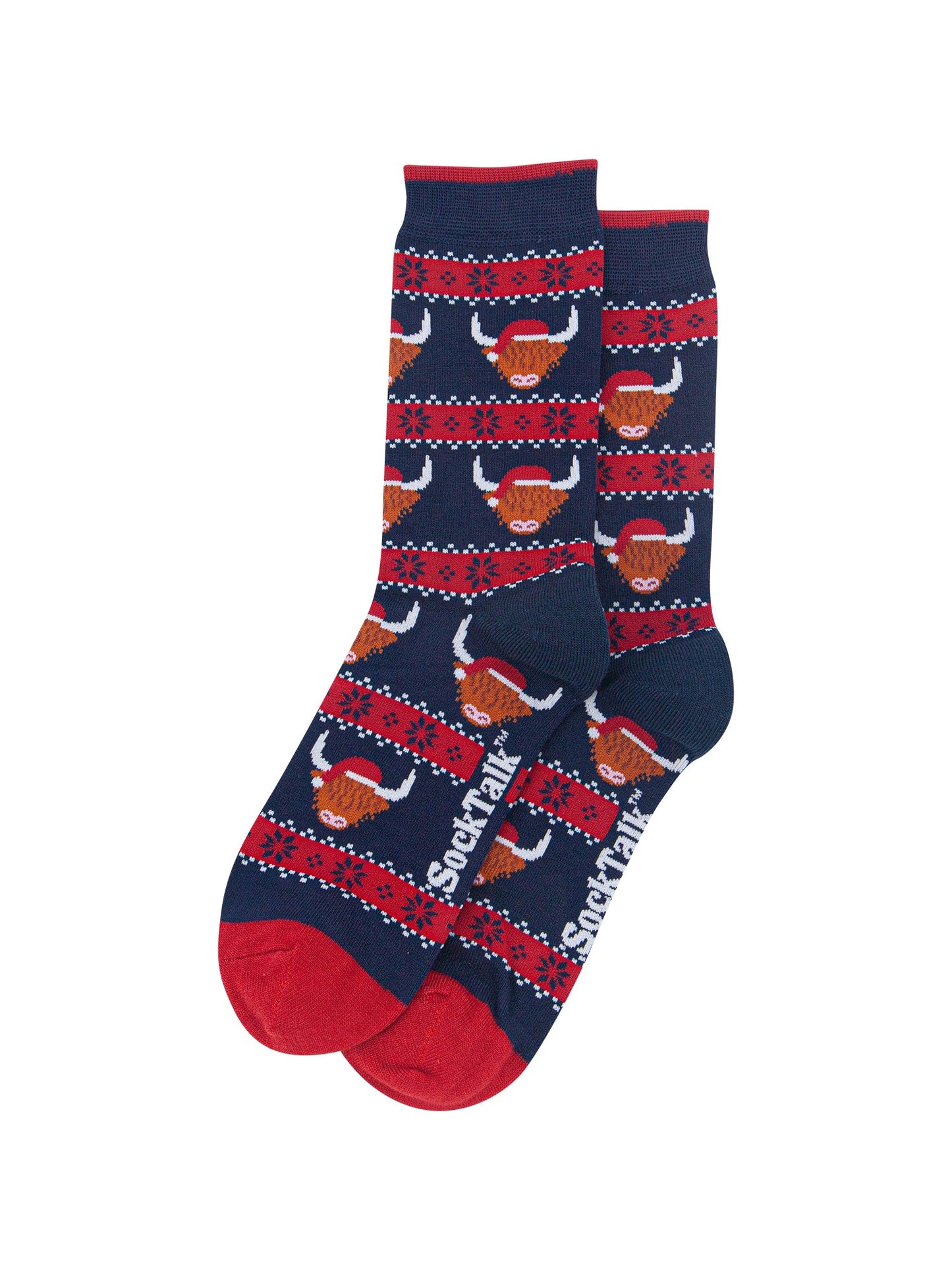Santa-Highland-Cow-Fair-Isle-Men's-Bamboo-Socks-in-Navy-Blue/Red-Laid-Flat