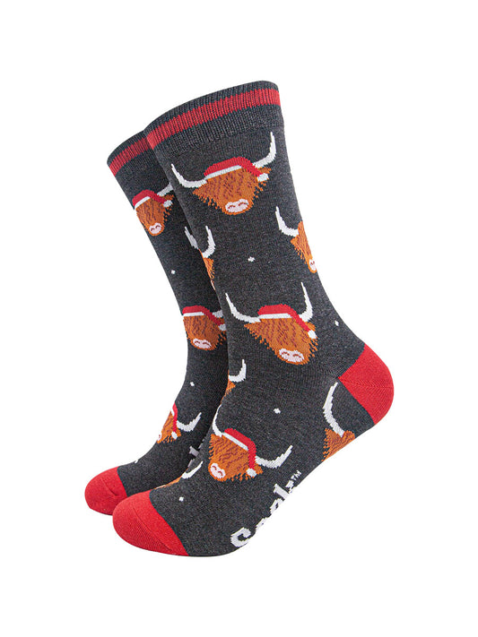 mens-bamboo-socks-black-marl-red-santa-highland-cow-scottish