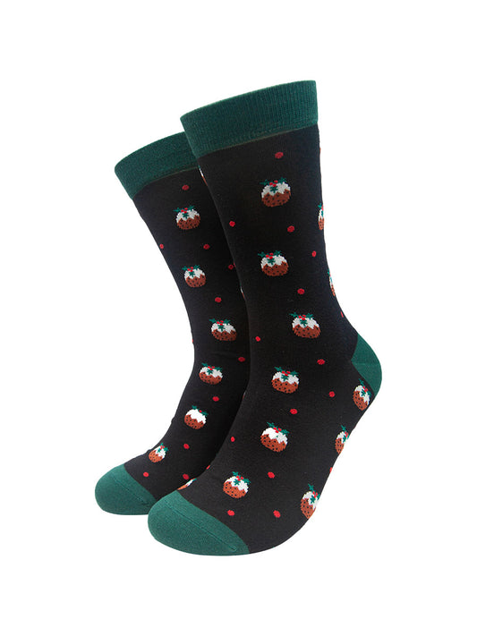 black bamboo socks with xmas puddings all over