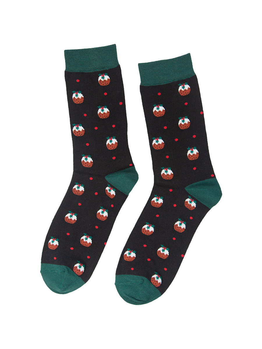 black christmas pudding dress socks with green toe, heel and trim