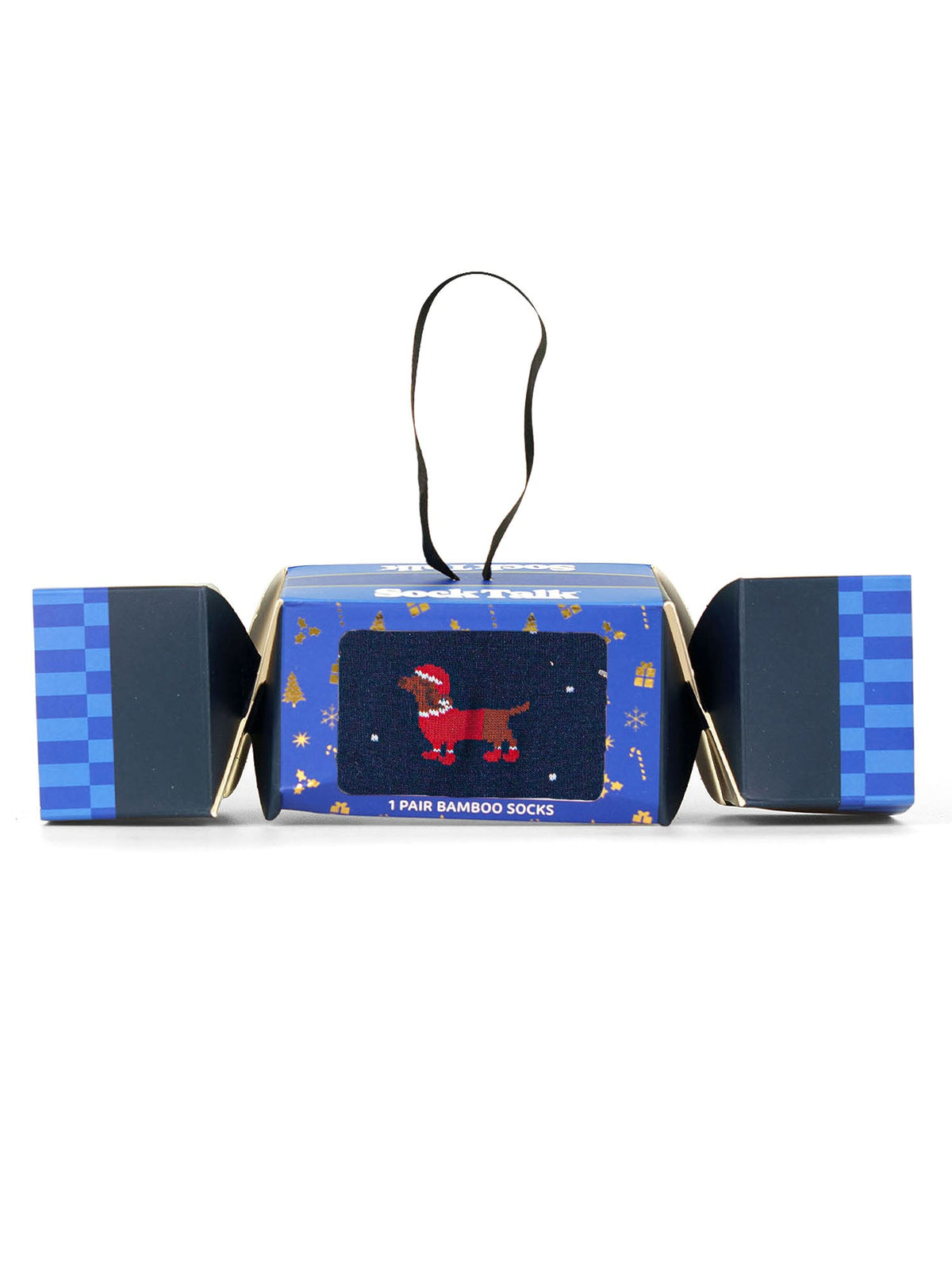 Santa-Sausage-Dog-Bamboo-Crew-Socks-Christmas-Cracker-Gift-Box-in-Navy-Blue