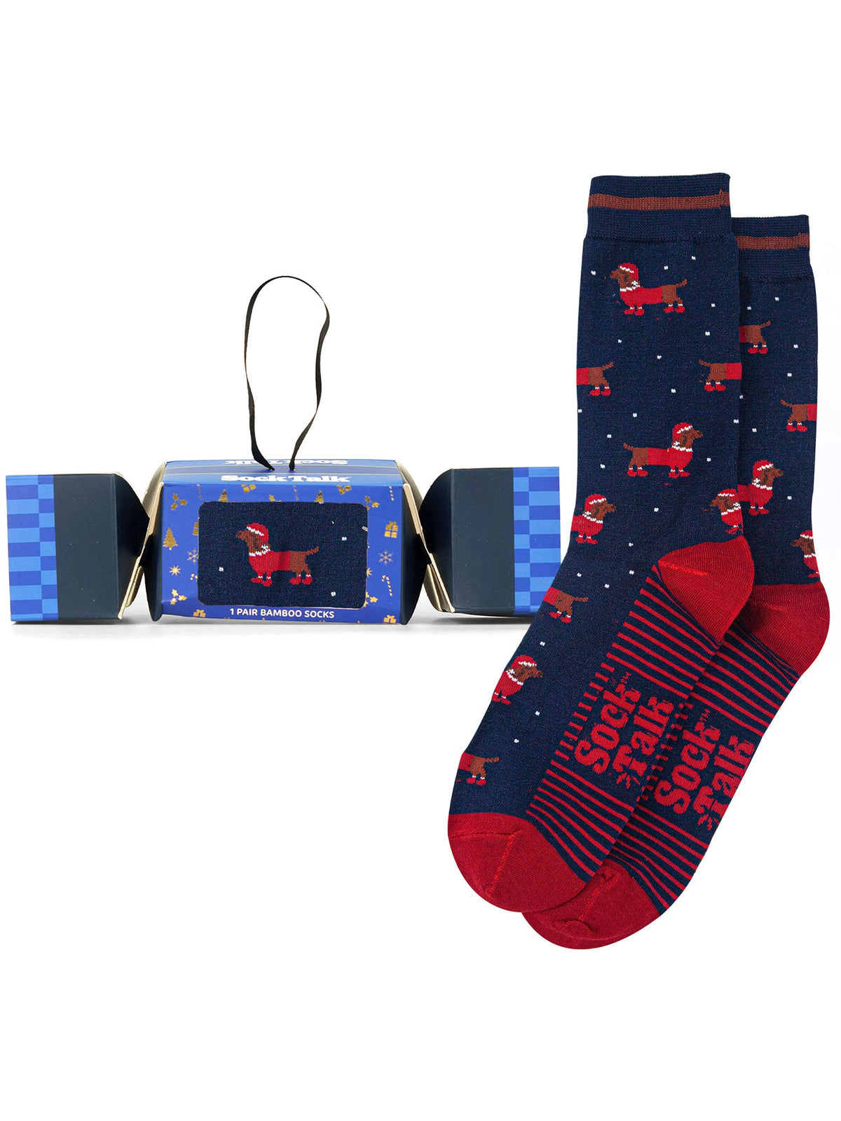 Santa-Sausage-Dog-Bamboo-Crew-Socks-Christmas-Cracker-Gift-Box-in-Navy-Blue