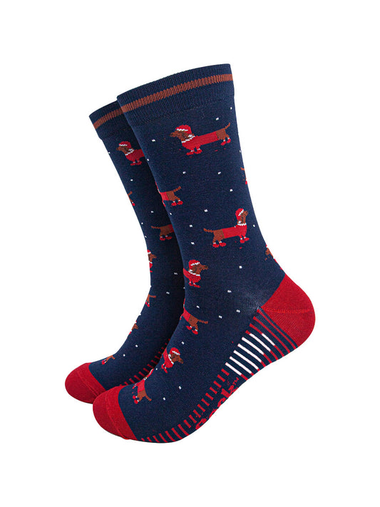 mens-bamboo-socks-navy-blue-red-santa-sausage-dog-dachshunds