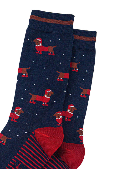 mens-bamboo-socks-navy-blue-red-santa-sausage-dog-close-up