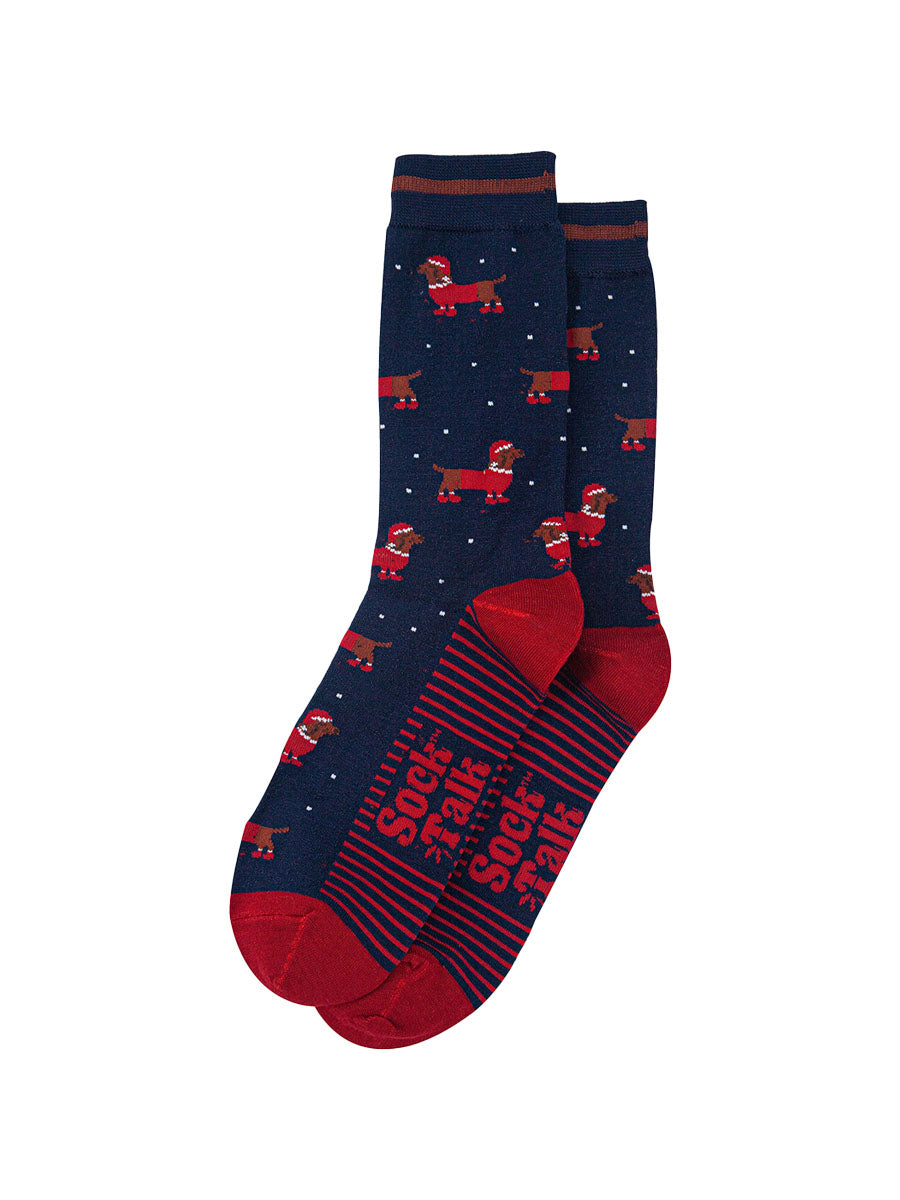 mens-bamboo-socks-navy-blue-red-santa-sausage-dog-laying-flat