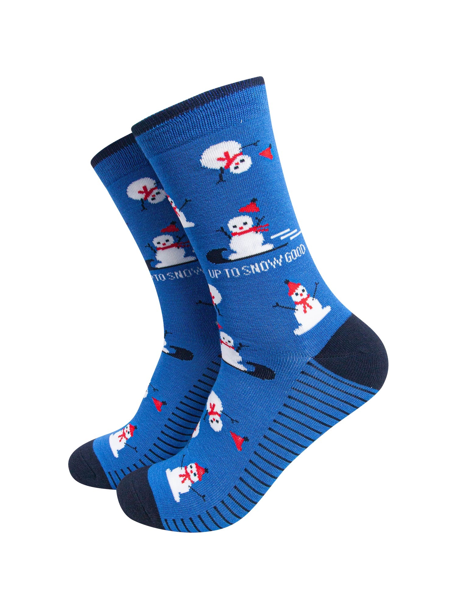 Up-To-Snow-Good-Snowman-Men's-Bamboo-Socks-in-Blue-On-Mannequin