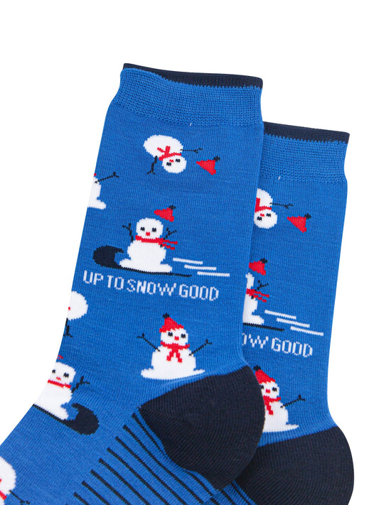Up-To-Snow-Good-Snowman-Men's-Bamboo-Socks-in-Blue-Close-Up