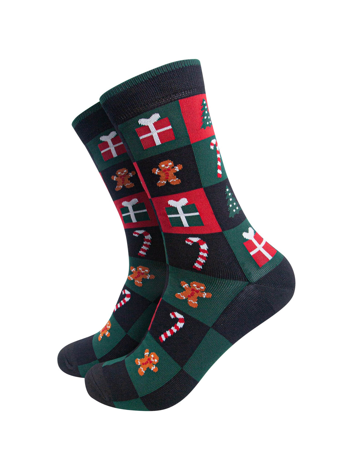 Christmas-Treat-Squares-Men's-Bamboo-Socks-in-Black/Green/Red-On-Mannequin