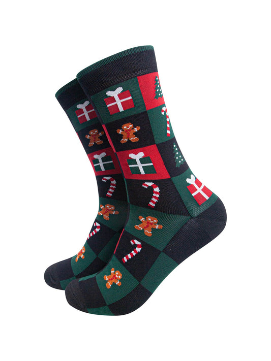Christmas-Treat-Squares-Men's-Bamboo-Socks-in-Black/Green/Red-On-Mannequin