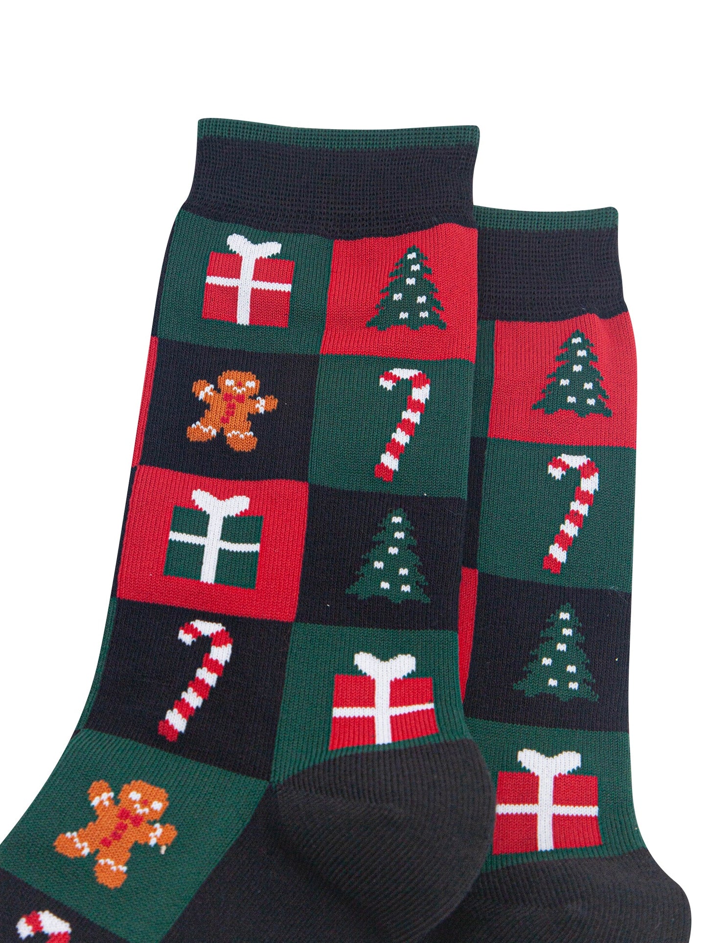 Christmas-Treat-Squares-Men's-Bamboo-Socks-in-Black/Green/Red-Close-Up