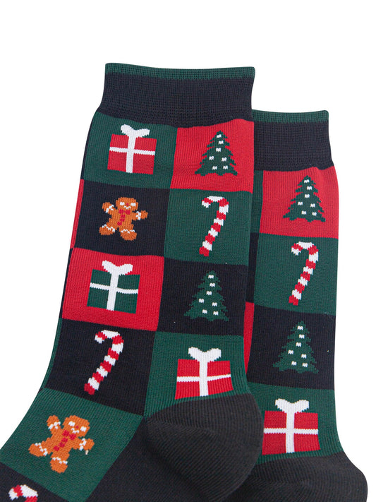 Christmas-Treat-Squares-Men's-Bamboo-Socks-in-Black/Green/Red-Close-Up