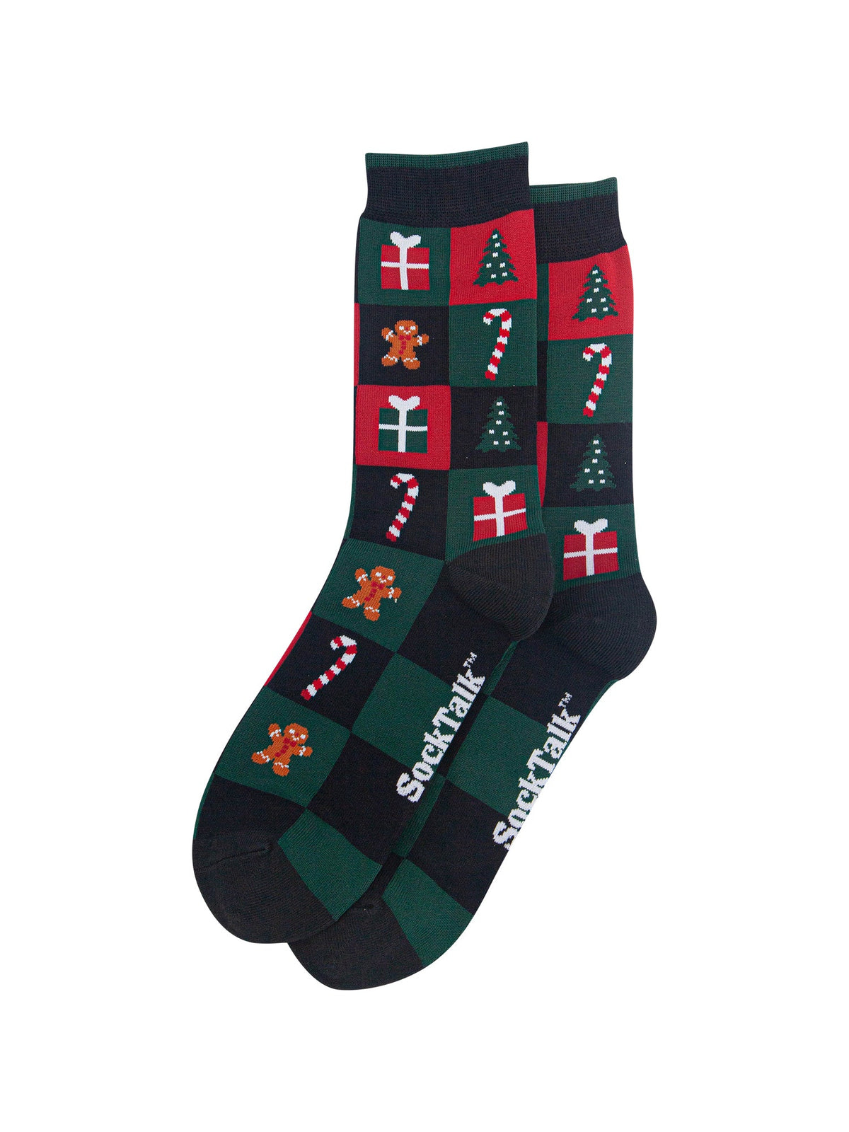 Christmas-Treat-Squares-Men's-Bamboo-Socks-in-Black/Green/Red-Laid-Flat
