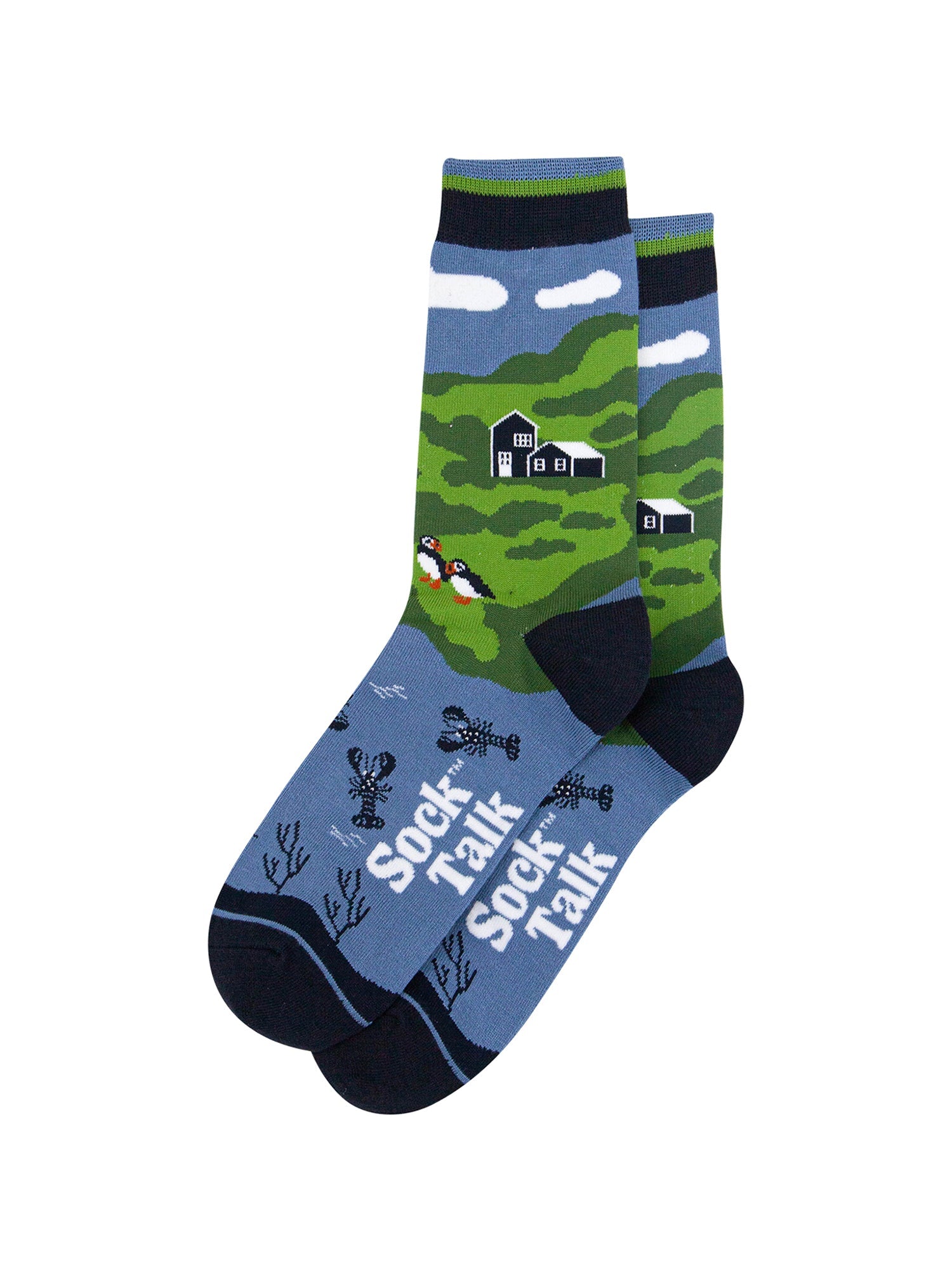 Puffins-&-Lobsters-Bamboo-Socks-in-Green-Lying-Flat