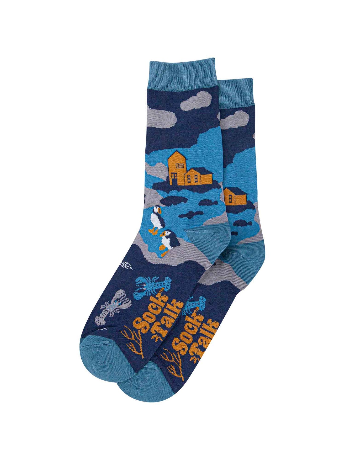 blue dres socks with puffin birds, lobsters and a shoreline