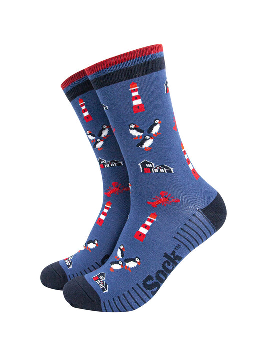 Lighthouse-&-Puffins-Bamboo-Socks-in-Blue-On-Mannequin