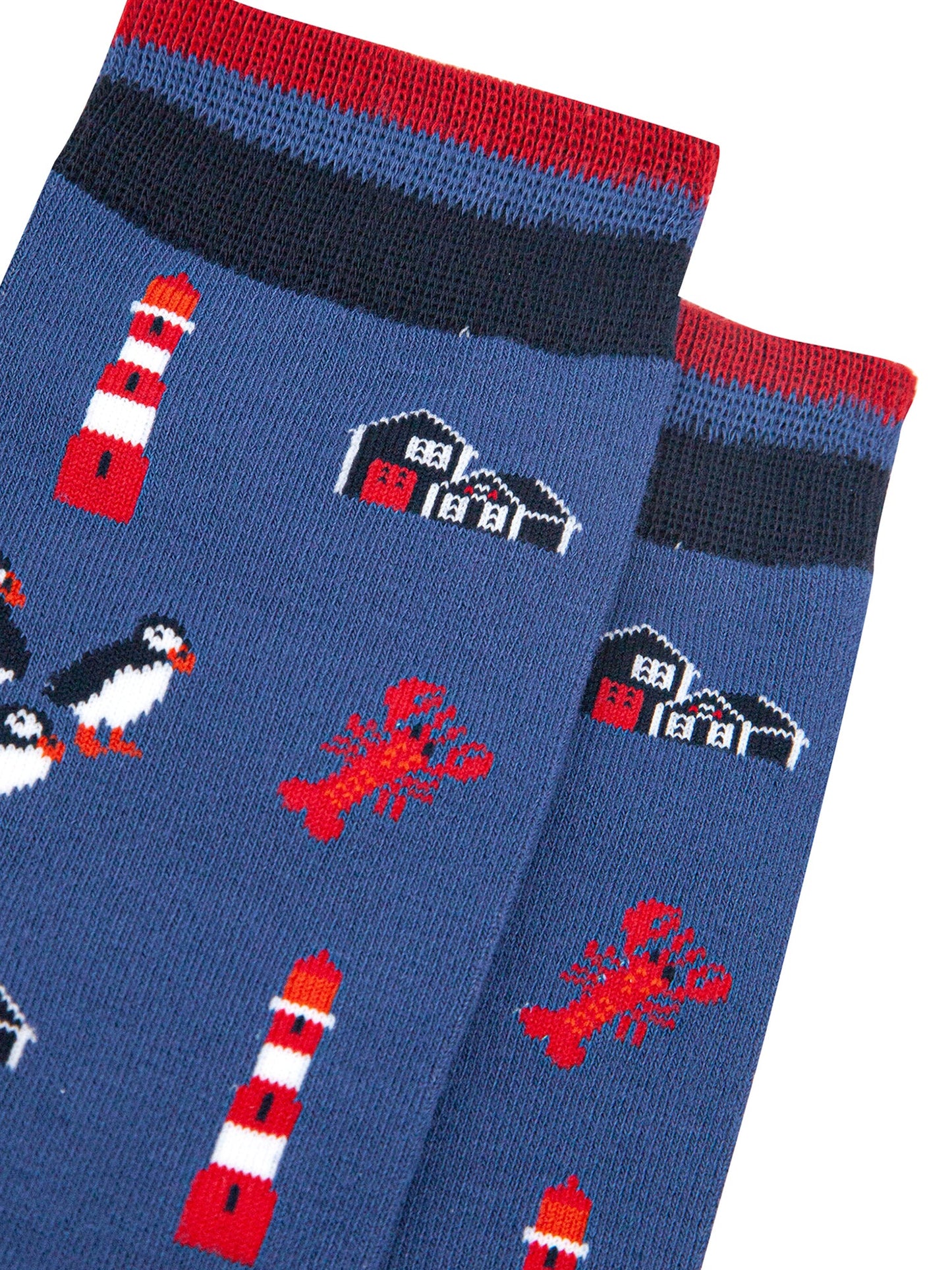 Lighthouse-&-Puffins-Bamboo-Socks-in-Blue-Close-Up