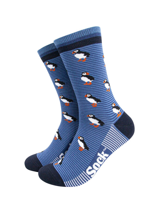 Puffins Striped Bamboo Socks in Blue