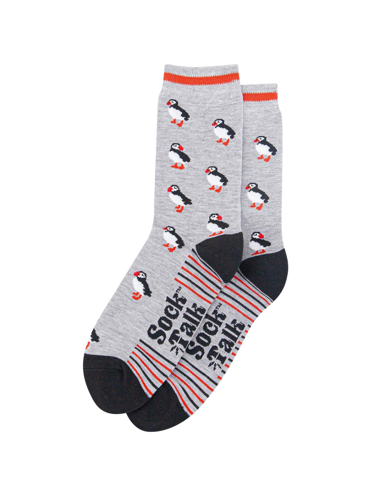 mens-bamboo-socks-light-grey-black-puffins-laying-flat
