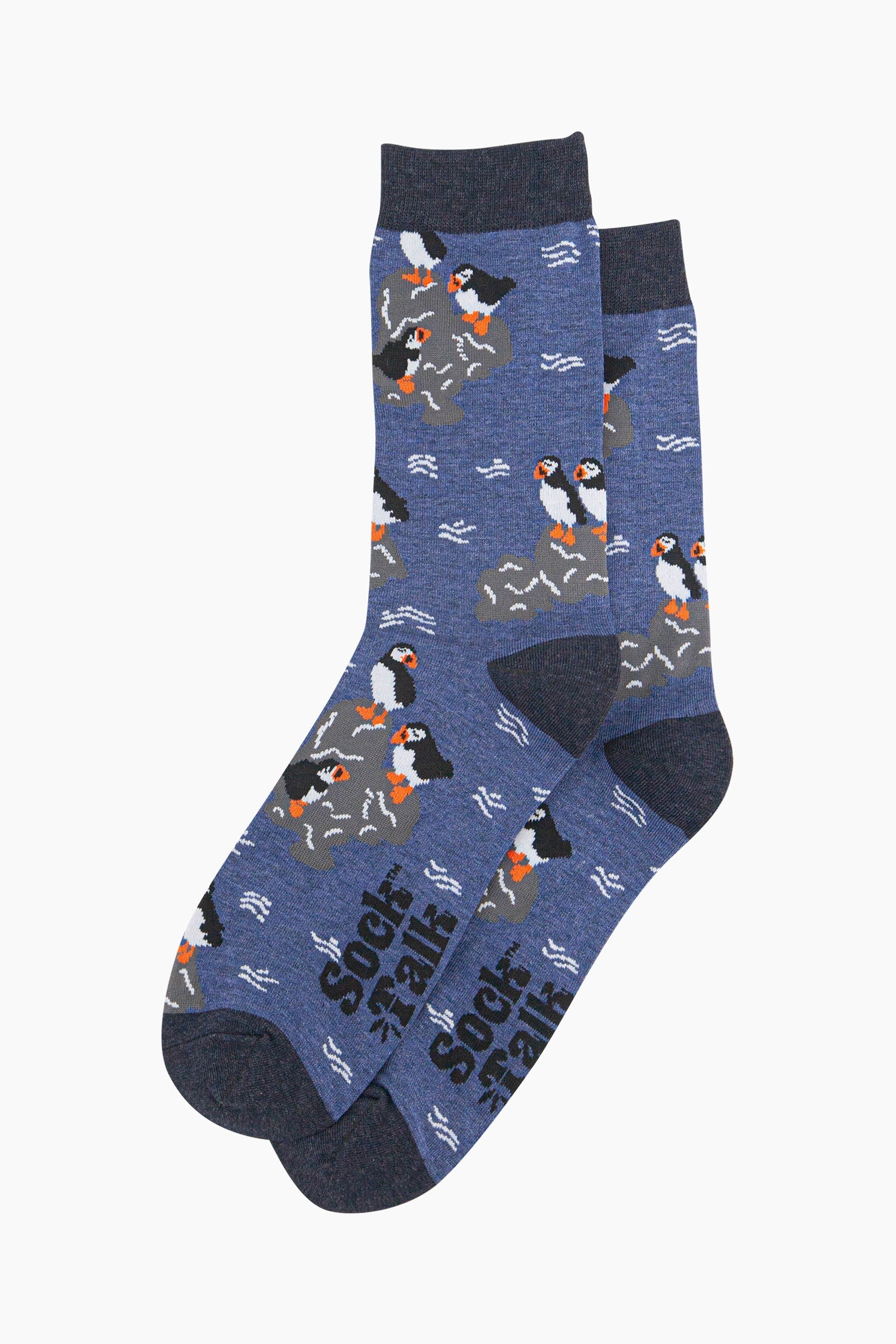 mens-bamboo-socks-denim-blue-puffins-on-rocks-laying-flat-bird-pattern