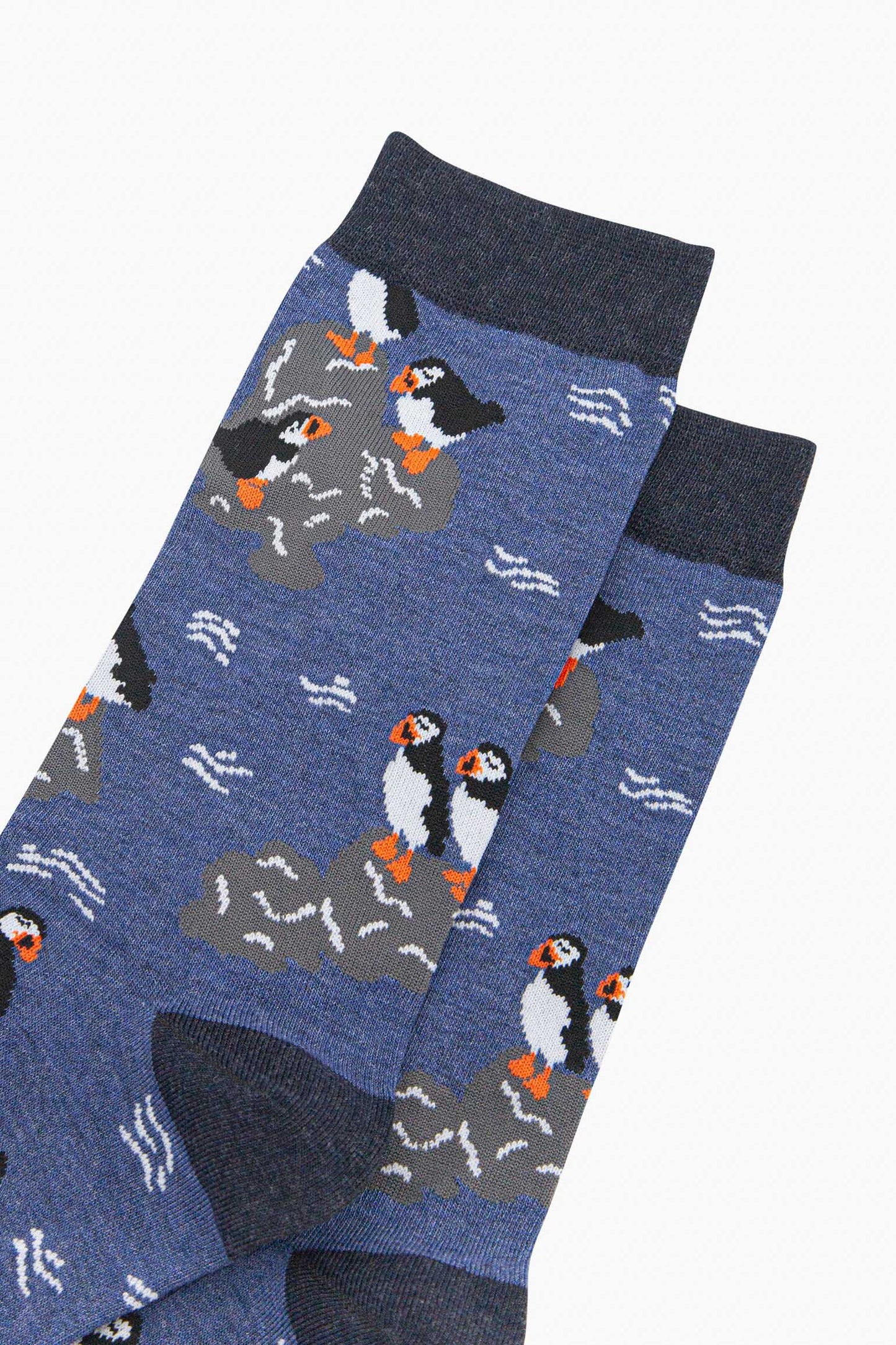 mens-bamboo-socks-denim-blue-puffins-on-rocks-close-up-birds-black-white