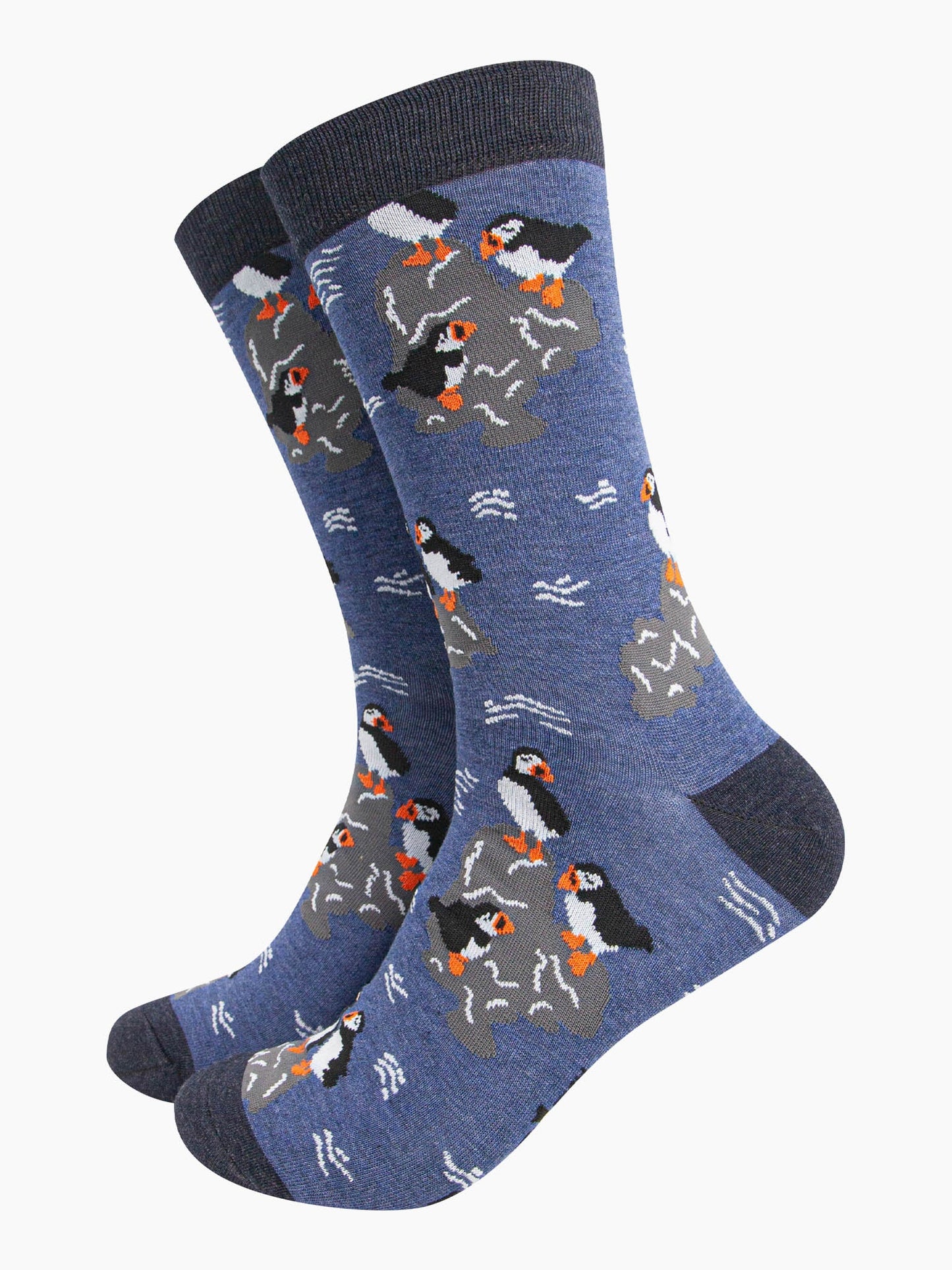 mens-bamboo-socks-denim-blue-puffins-on-rocks-birds-seaside-coast