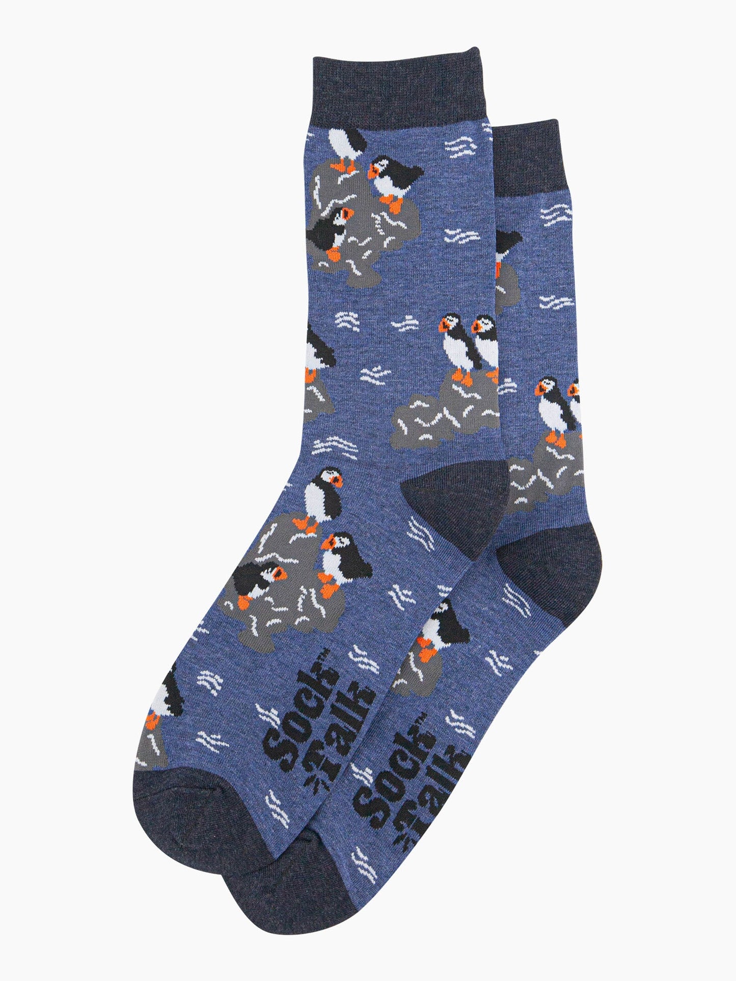 mens-bamboo-socks-denim-blue-puffins-on-rocks-laying-flat-bird-pattern