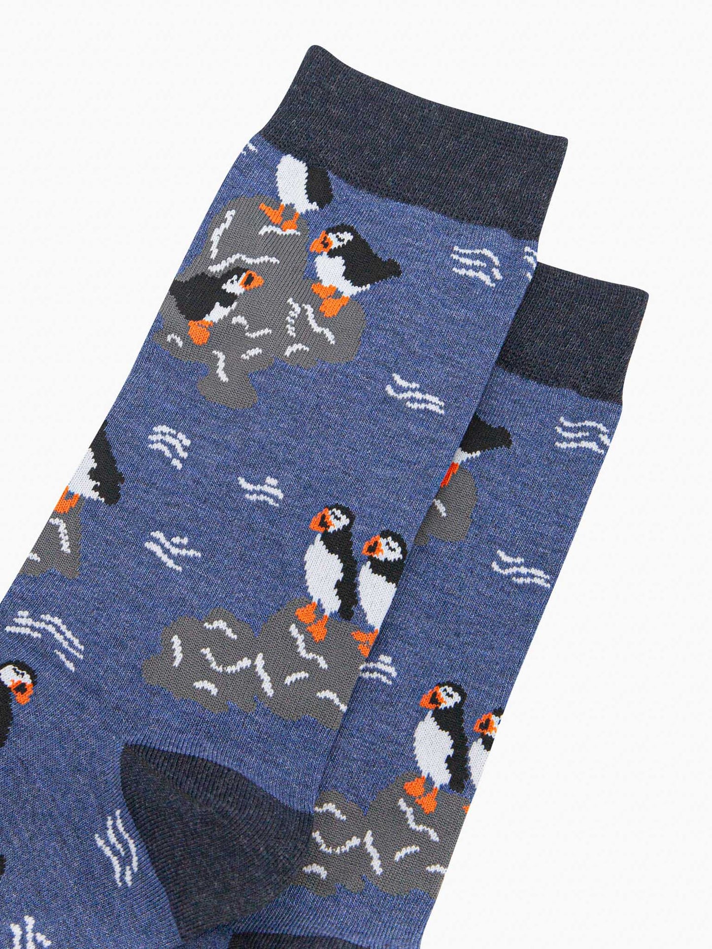 mens-bamboo-socks-denim-blue-puffins-on-rocks-close-up-birds-black-white