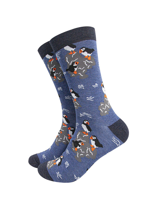 mens-bamboo-socks-denim-blue-puffins-on-rocks-birds-seaside-coast