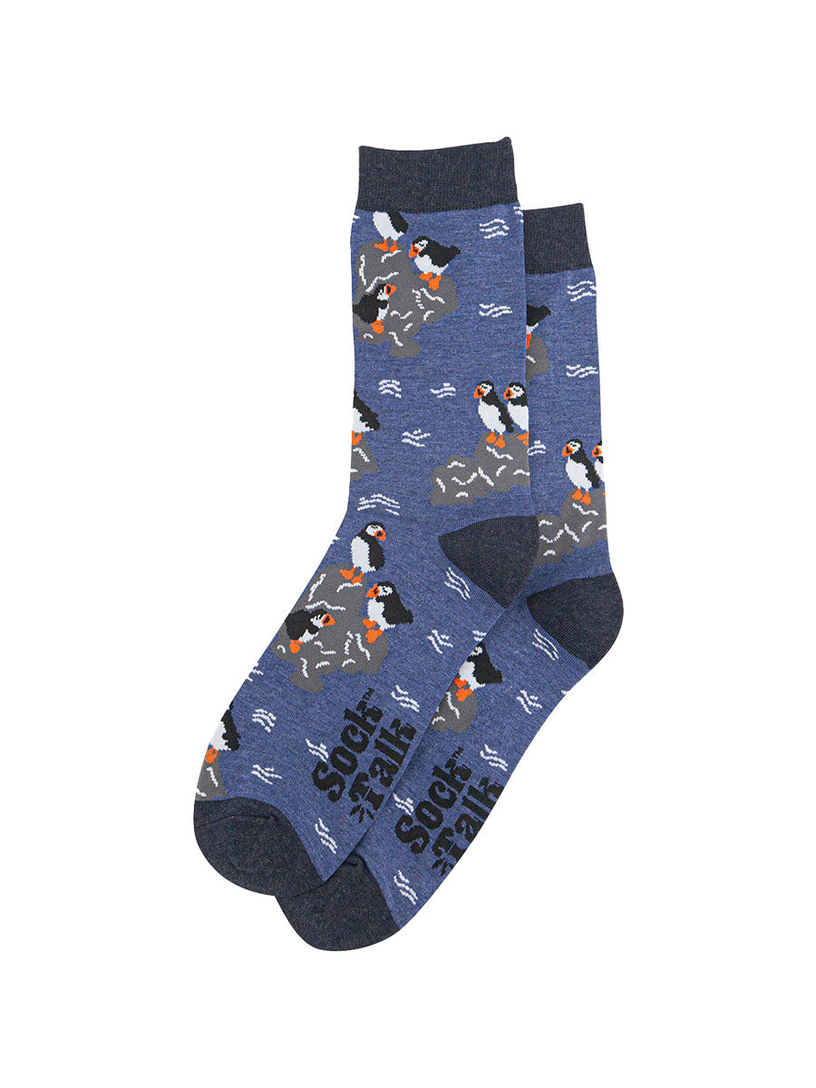 mens-bamboo-socks-denim-blue-puffins-on-rocks-laying-flat-bird-pattern