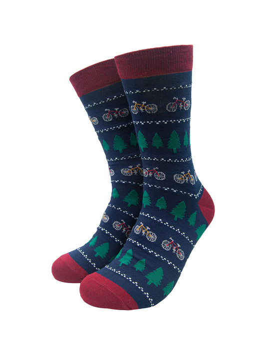 fair isle style bamboo socks featurin mountain bikes and trees